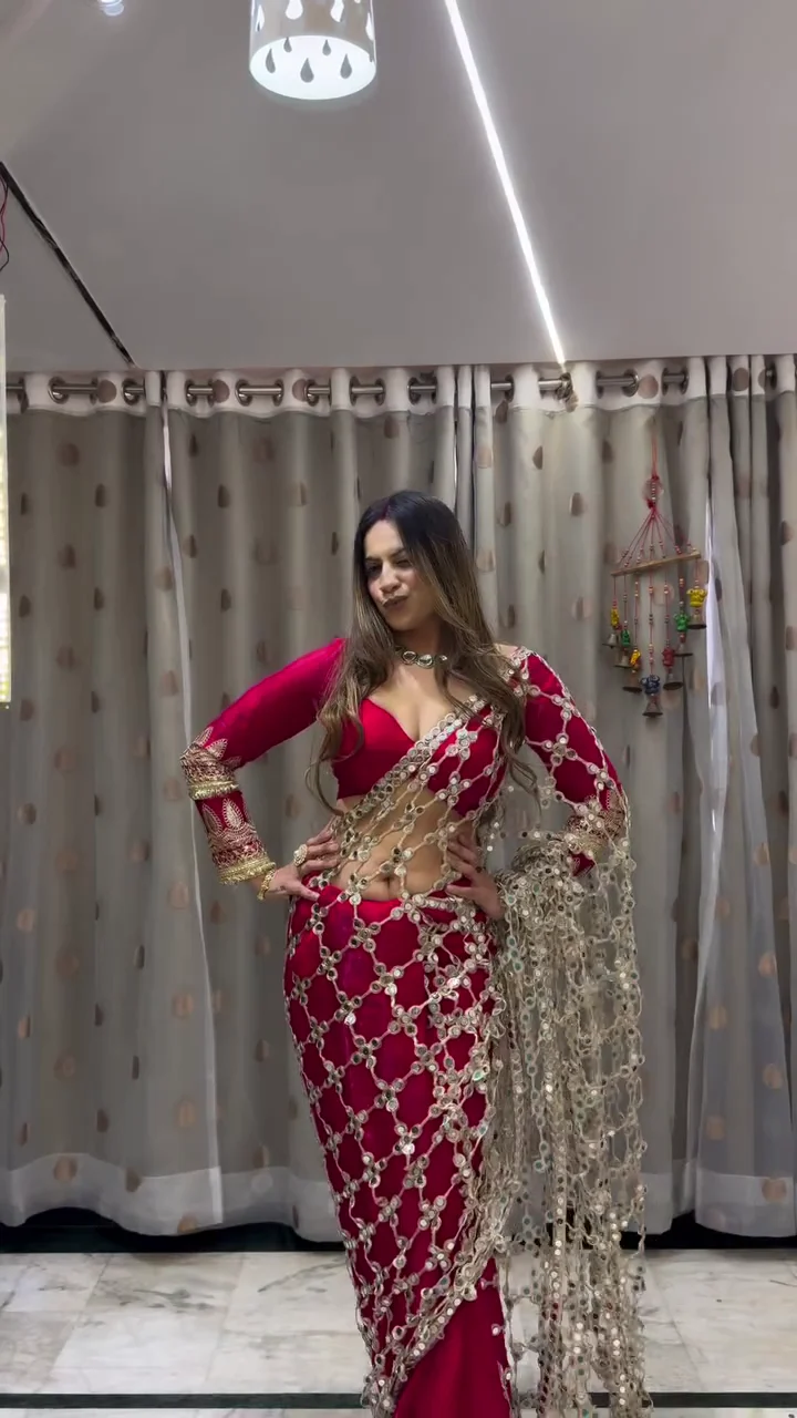 Crimson Mirror Net Saree for Women – Premium Party Wear Designer Saree with Embellished Blouse - Image 2