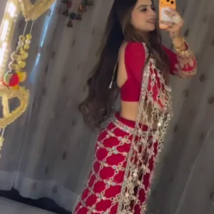 Crimson Mirror Net Saree for Women – Premium Party Wear Designer Saree with Embellished Blouse