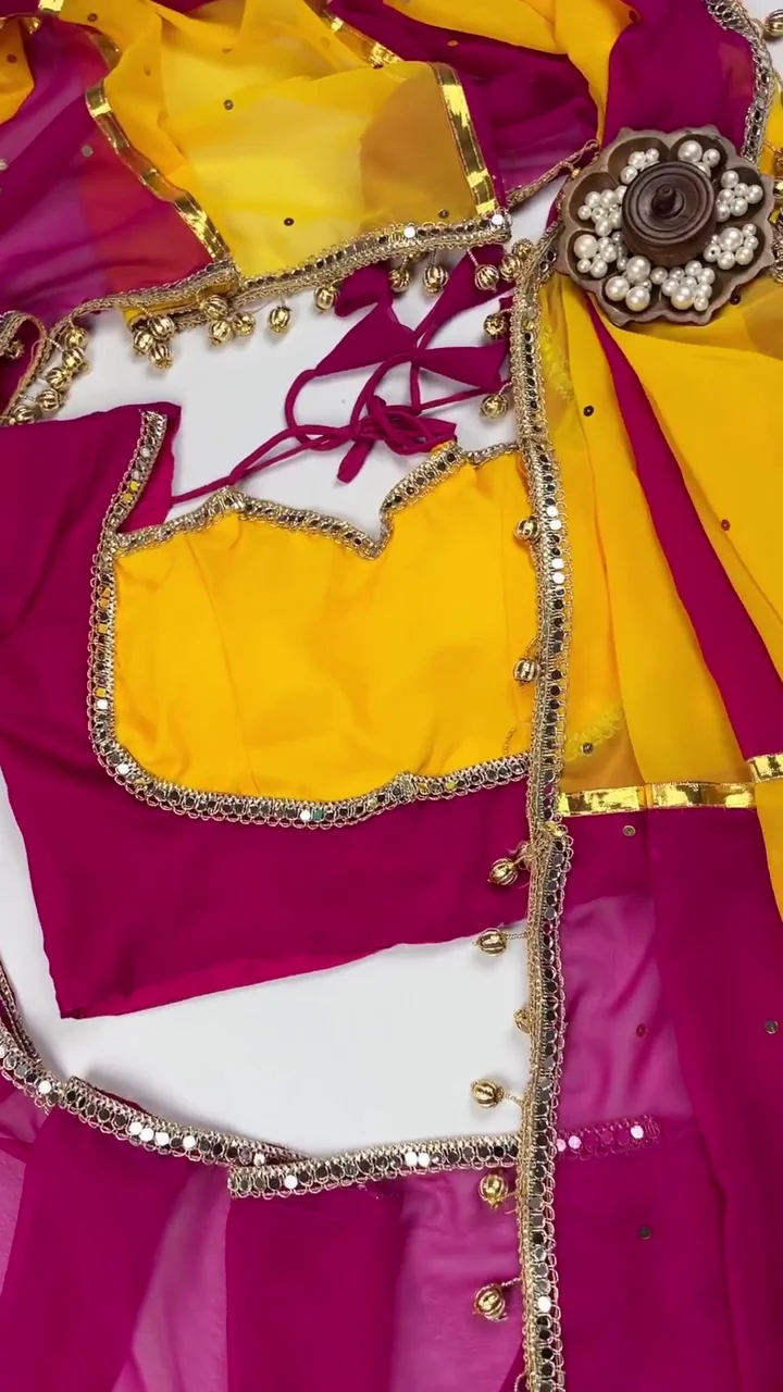 ✨ Royal Dual-Tone Mirror Work Saree Set – Rani Pink & Sunshine Yellow Festive Saree - Image 2