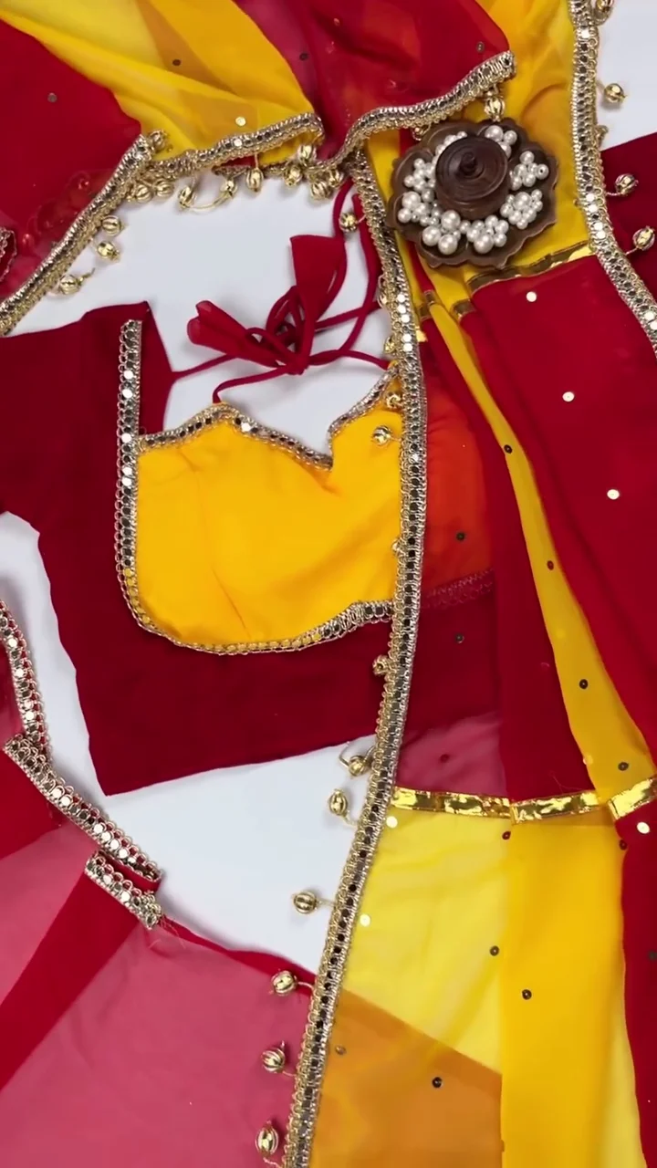 ✨ Royal Dual-Tone Mirror Work Saree Set – Rani Pink & Sunshine Yellow Festive Saree - Image 3