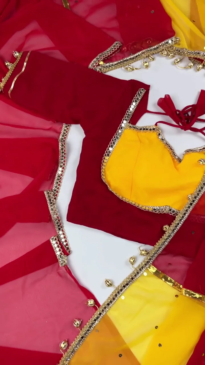 ✨ Royal Dual-Tone Mirror Work Saree Set – Rani Pink & Sunshine Yellow Festive Saree - Image 4