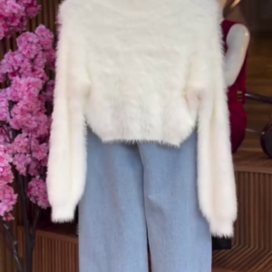 Premium White Fuzzy Sweater + Denim Set – Winter Cozy & Stylish Look