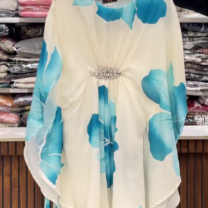 Stylish White Blue Floral Kaftan – Premium Brooch Partywear Look