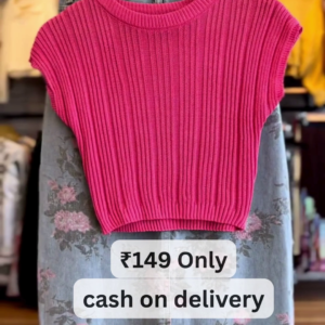 Hot Pink Ribbed Knit Top with Floral Denim Skirt – Bold & Playful