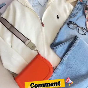 Chic Casual Layered Look – Cream Zip Jacket with Denim & Statement Bag