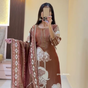 Brown Floral Ethnic Suit with Dupatta