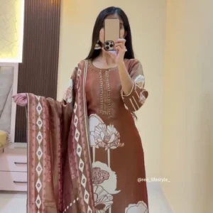 🤎 Brown Floral Ethnic Kurta Set with Dupatta – Elegant Printed Traditional Outfit for Women