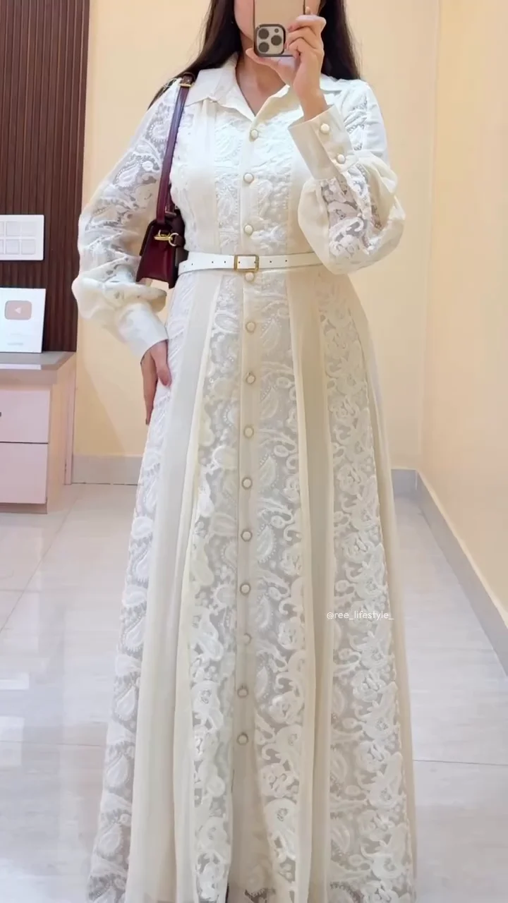 🤍 Elegant White Lace Button-Down Maxi Dress – Premium Long Sleeve Party Wear Dress - Image 2