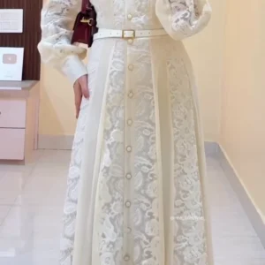 🤍 Elegant White Lace Button-Down Maxi Dress – Premium Long Sleeve Party Wear Dress