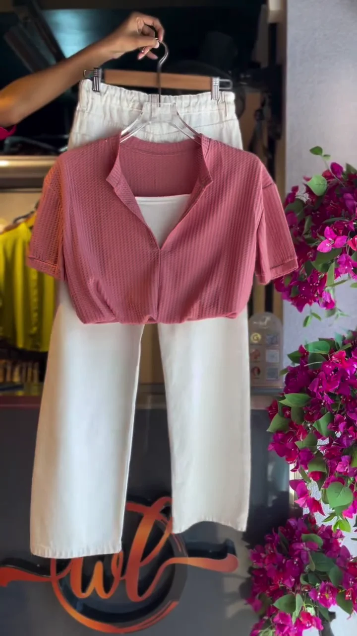 🌸 Textured Pink Top & White Wide-Leg Pants Set – Elegant Casual Co-Ord for Women - Image 2