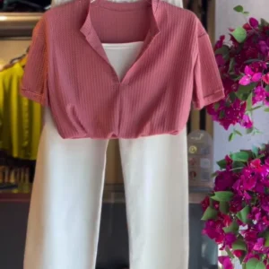 🌸 Textured Pink Top & White Wide-Leg Pants Set – Elegant Casual Co-Ord for Women