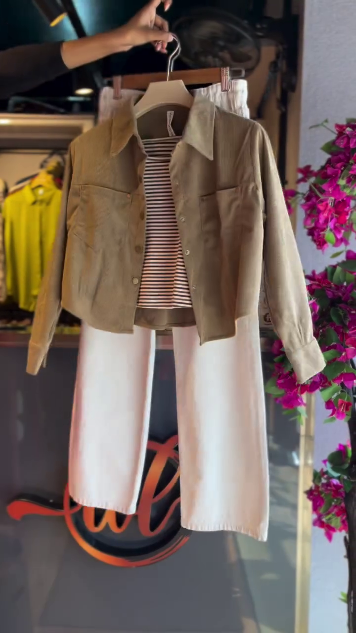 Olive Jacket with Striped Top & White Pants - Image 2