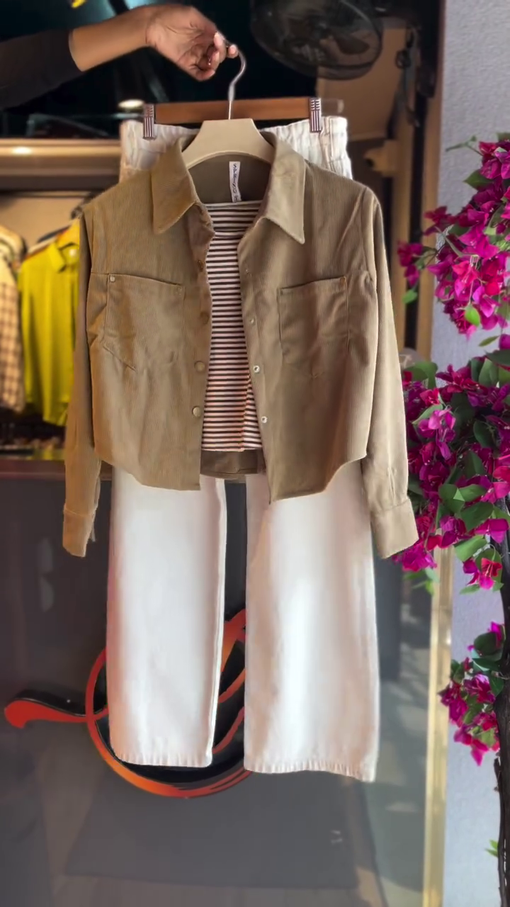 Olive Jacket with Striped Top & White Pants - Image 4