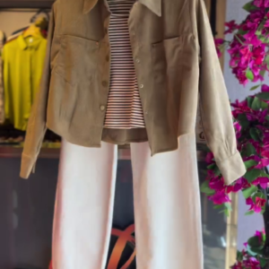 Olive Jacket with Striped Top & White Pants