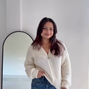 Cream Knit Sweater with Blue Jeans