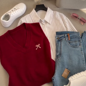 Red Sweater Vest with Striped Shirt