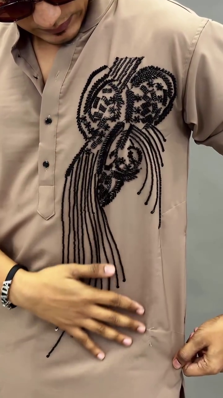 Taupe Embroidered Kurta Set - Image 3