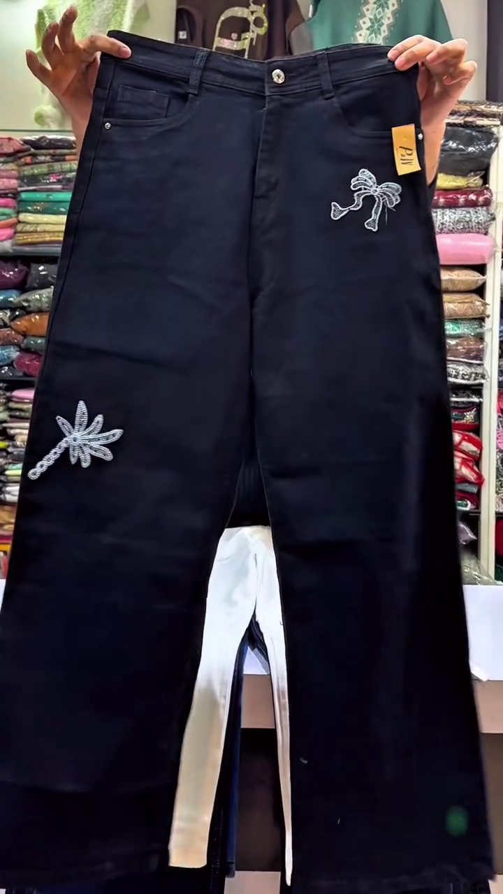 Black Embroidered Wide-Leg Jeans - Image 2