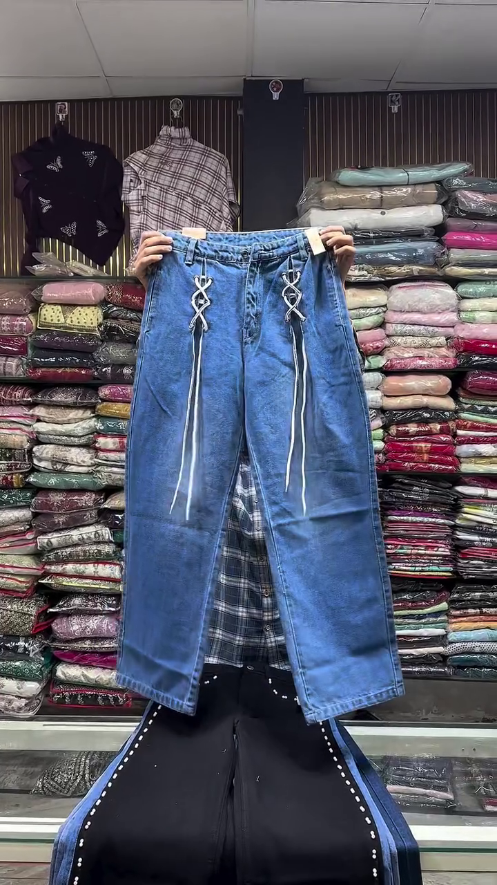 Blue Lace-Up Detail Denim Jeans - Image 2