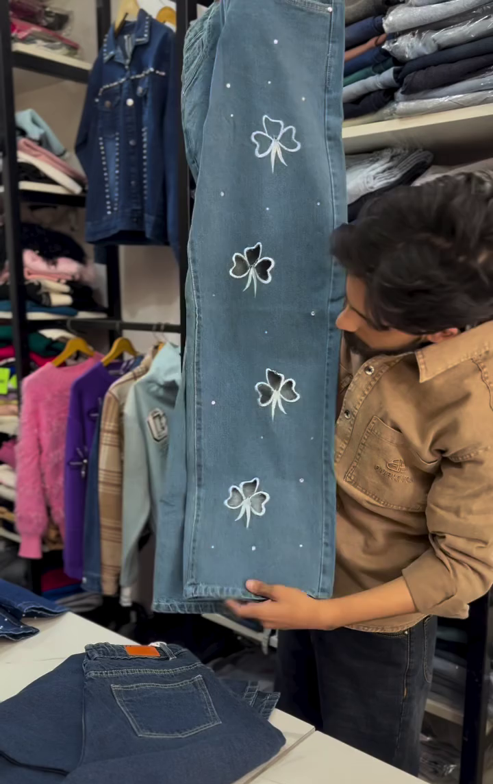 Dark Blue Bow Print Wide-Leg Jeans - Image 2