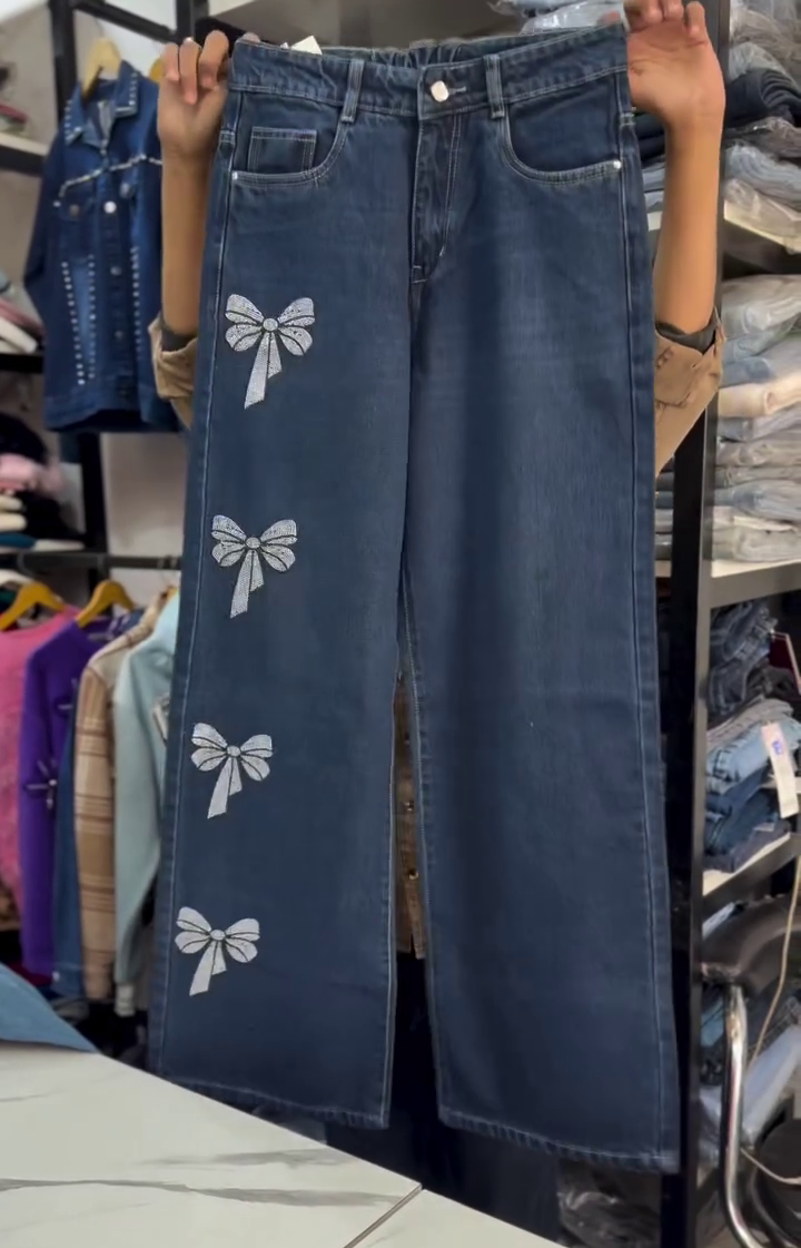 Dark Blue Bow Print Wide-Leg Jeans - Image 3