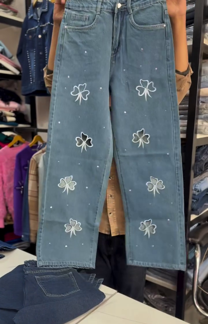 Dark Blue Bow Print Wide-Leg Jeans - Image 4