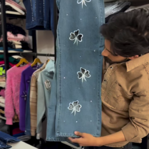 Dark Blue Bow Print Wide-Leg Jeans