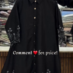 Navy Embroidered Button-Down Dress