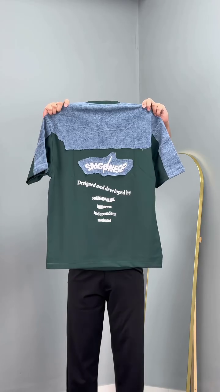 White T-Shirt with Denim Patch Design - Image 2