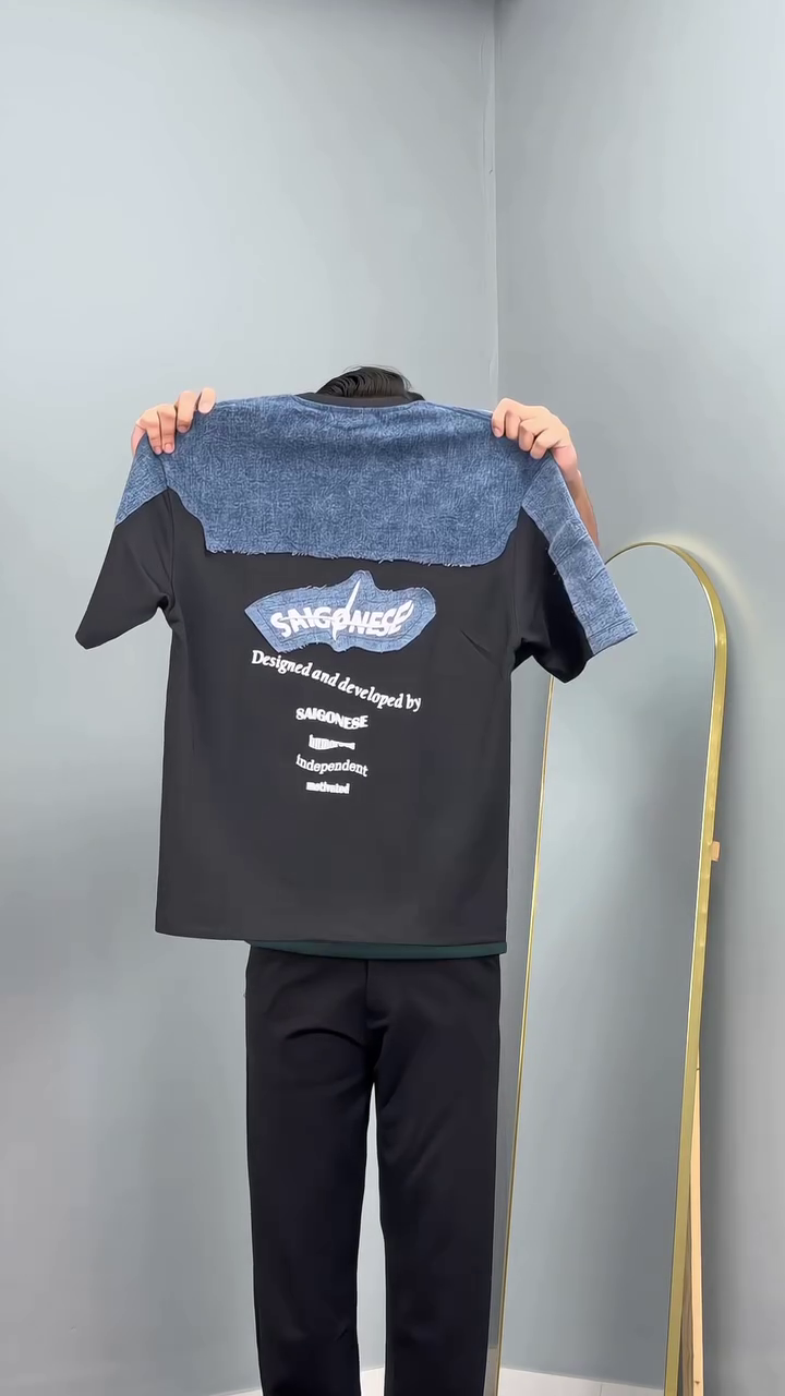 White T-Shirt with Denim Patch Design - Image 3