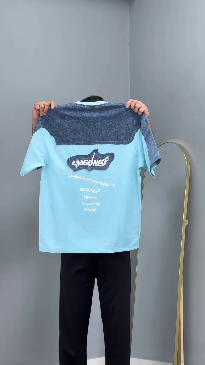 White T-Shirt with Denim Patch Design - Image 4