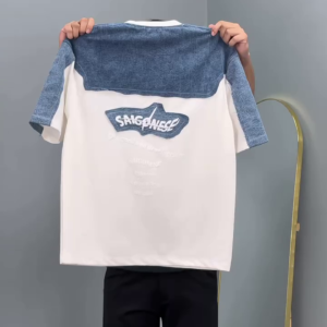 White T-Shirt with Denim Patch Design