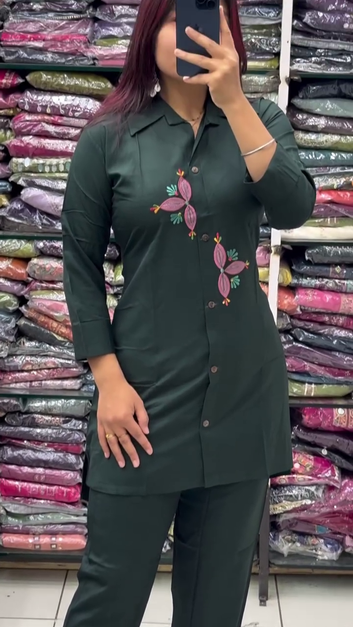 Dark Green Embroidered Co-Ord Set - Image 2