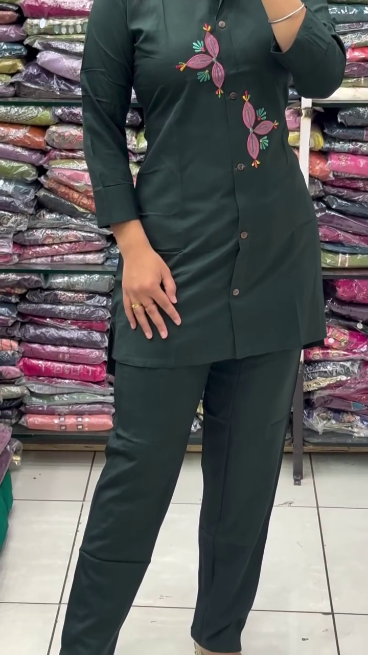 Dark Green Embroidered Co-Ord Set - Image 3