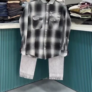 Black & White Check Shirt with White Pants