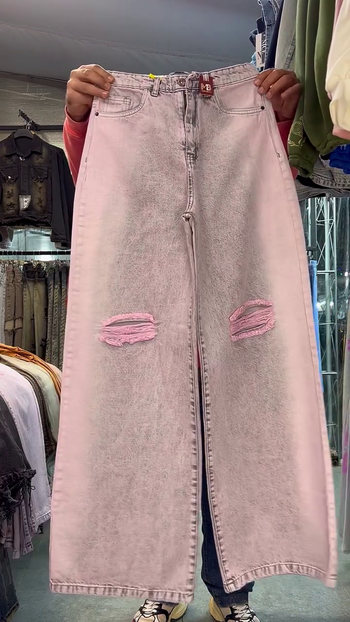 Pink Wide-Leg Distressed Jeans - Image 4