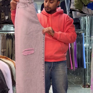 Pink Wide-Leg Distressed Jeans