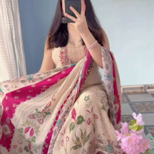 Beige & Magenta Printed Suit – Traditional Artistic Appeal