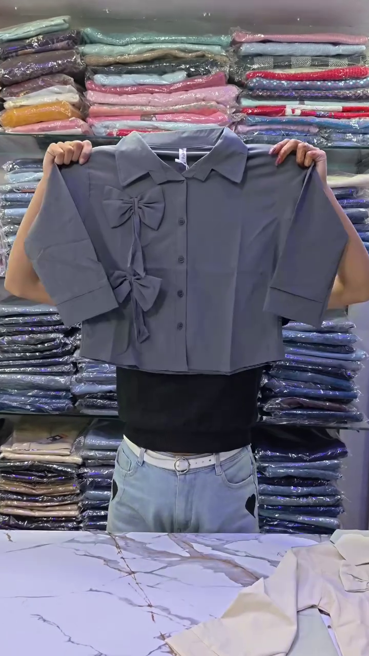 Grey Button-Down Crop Shirt with Bow - Image 2