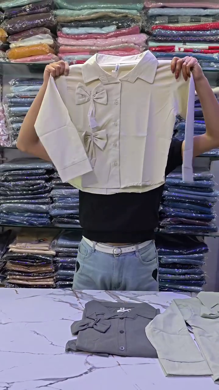 Grey Button-Down Crop Shirt with Bow - Image 3