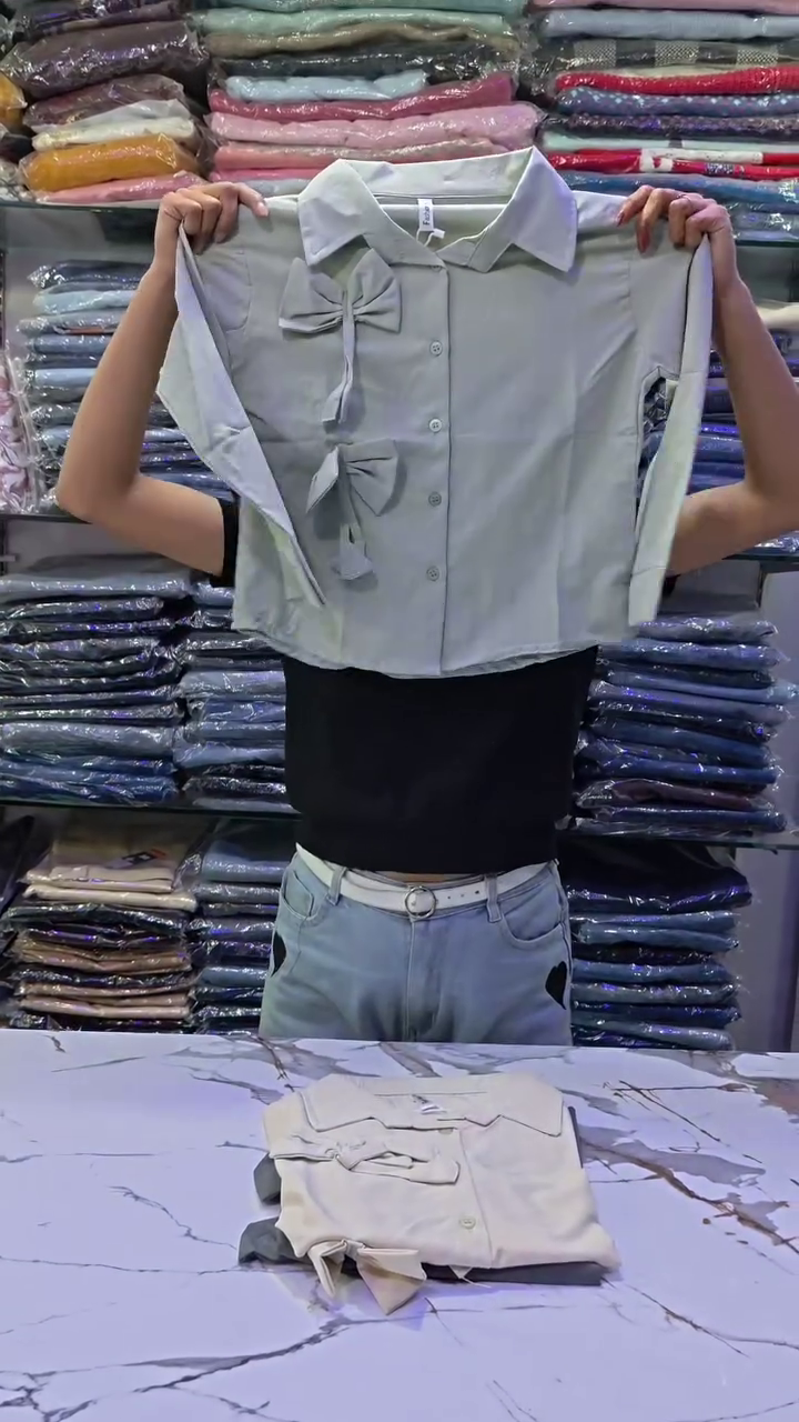 Grey Button-Down Crop Shirt with Bow - Image 4