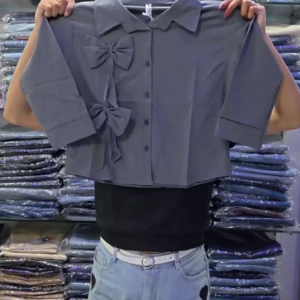 Grey Button-Down Crop Shirt with Bow