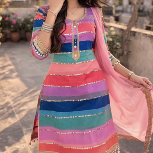 Multicolor Salwar Suit with Pink Dupatta