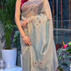 Grey Organza Embroidered Saree