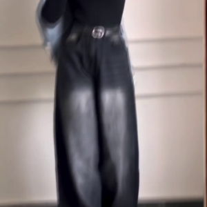 Black High-Neck Top with Leather Pants