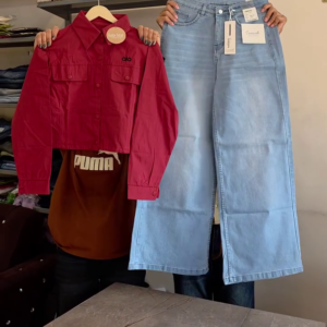 Pink Cropped Jacket with Wide-Leg Jeans