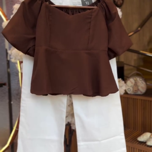 Brown Peplum Top with White Pants