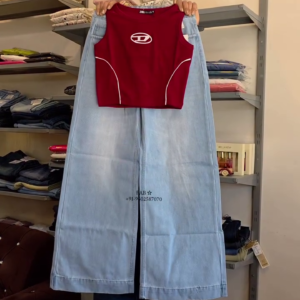 Pink Crop Top with Wide-Leg Jeans