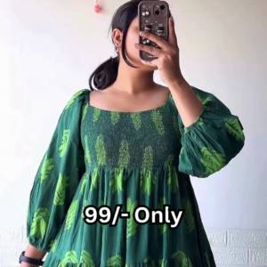 Leaf Print Green Flared Dress