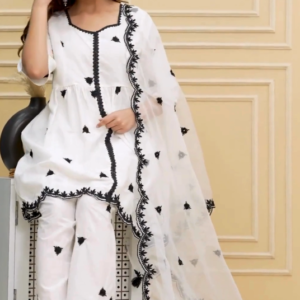 Classic White & Black Embroidered Suit Set – Timeless Elegance